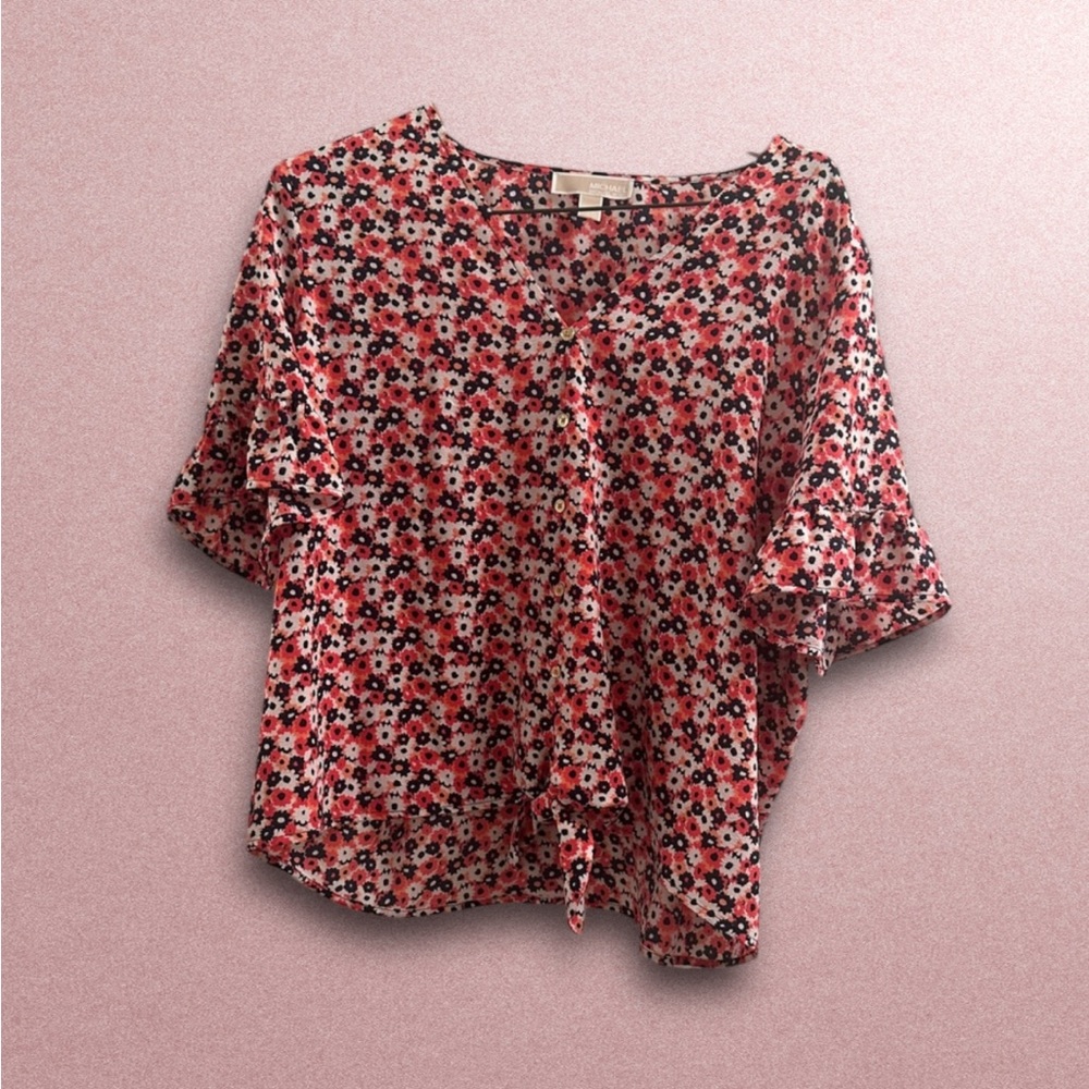Michael Kors Red Floral Short Sleeve Blouse